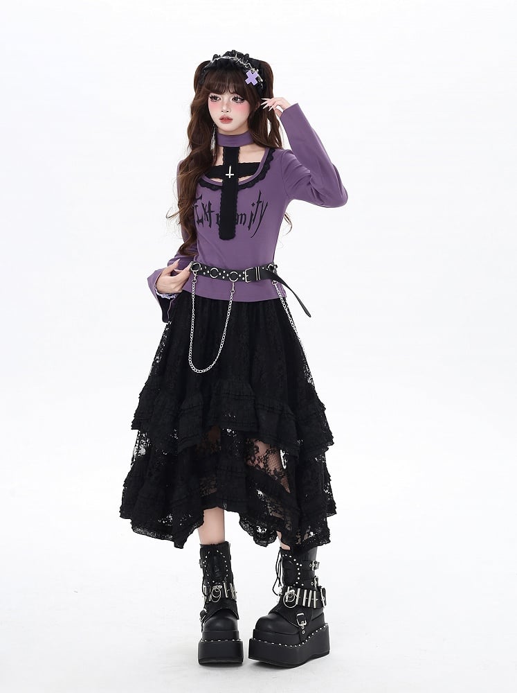 Top and All-in-one Gothic Black/Purple Bell Sleeves Cross Design Choker