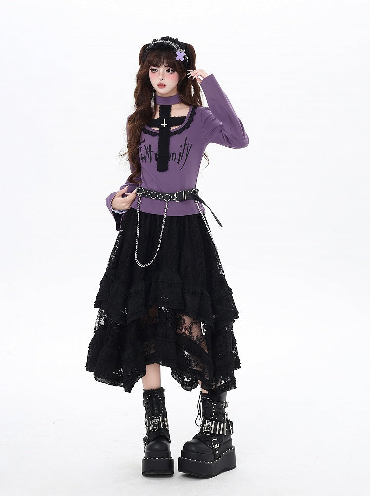 Gothic All-in-One-Design Choker Top und schwarz/lila Glockenärmel Kreuz