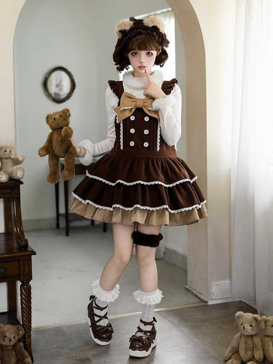 Bear Coffee Lolita Winter Tiered Sweet Overall Dress + Hairband Ear