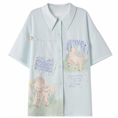 チェック柄アップリケ ラムプリント ライトグリーン シフォン レーストリム シャツ