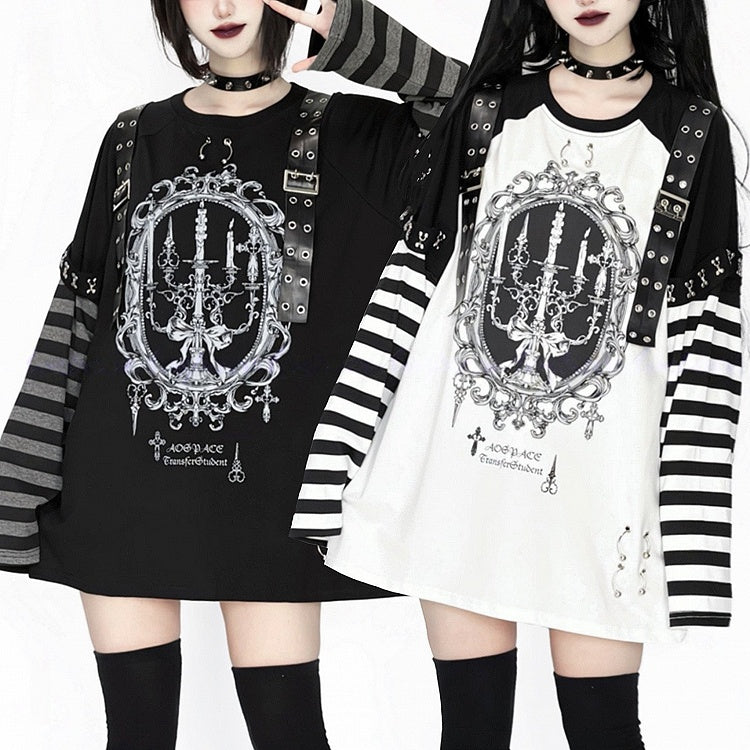 Printed Top Kei Black Striped Candle Straps Long-Sleeve Punk Decorated White Leather Jirai