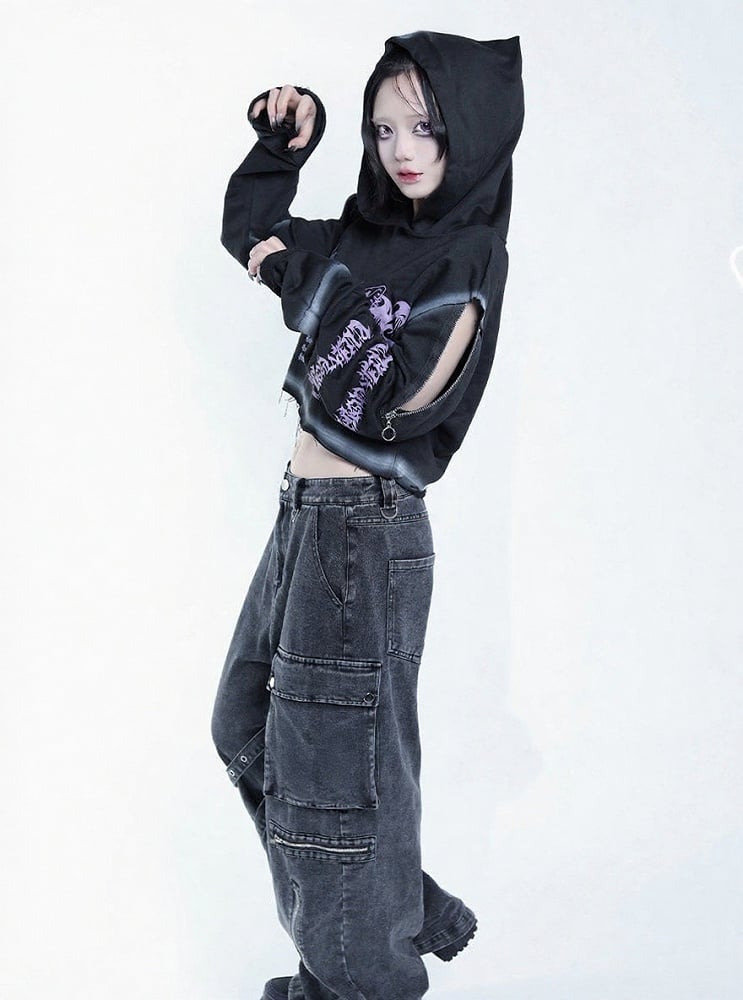 Dark Style Purple & Black Cat Symbol Graphic Cropped Hoodie with Shoulder Zip - Tribuo Flos