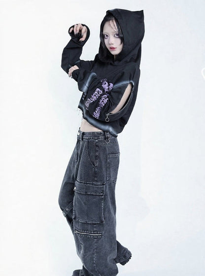 Dark Style Purple & Black Cat Symbol Graphic Cropped Hoodie with Shoulder Zip - Tribuo Flos