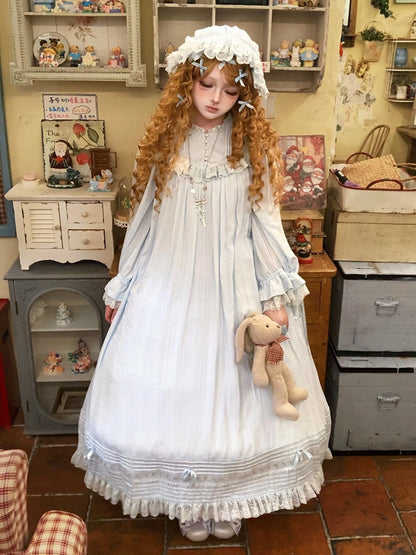 Lace Trim Long Sleeve OP Dress with Ruffles, Blue Lolita Style - Hua Xia Miao