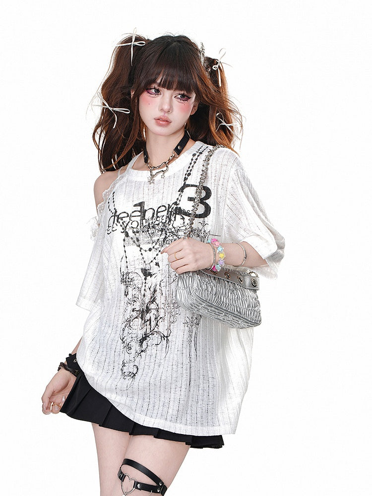 Black/White Cutout Shoulder Lace Trim Loose Graphic T-Shirt