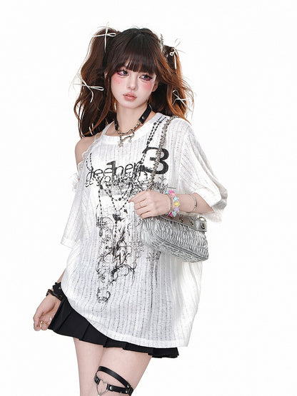 Black/White Cutout Shoulder Lace Trim Loose Graphic T-Shirt