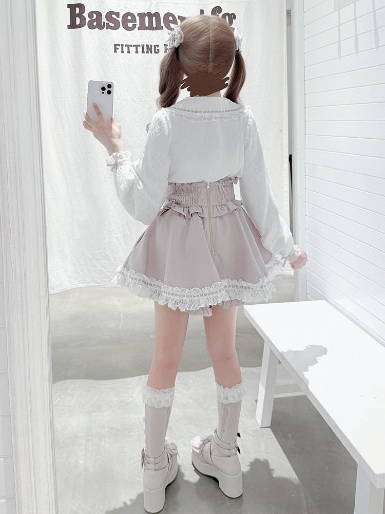 Pink and White Landmine Lace Peter Pan Collar Long Sleeve Blouse with Bow Tie - shirohato