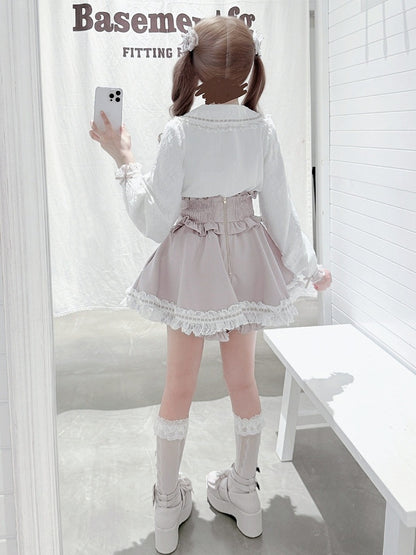 Pink and White Landmine Lace Peter Pan Collar Long Sleeve Blouse with Bow Tie - shirohato