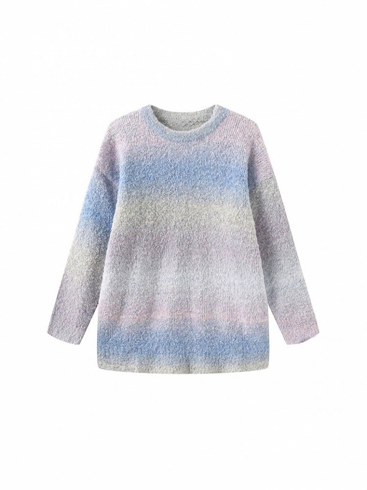 and Neck Relaxed in Crew Gradient Sweater Fit Pullover with Colorful Knit Rainbow Blue