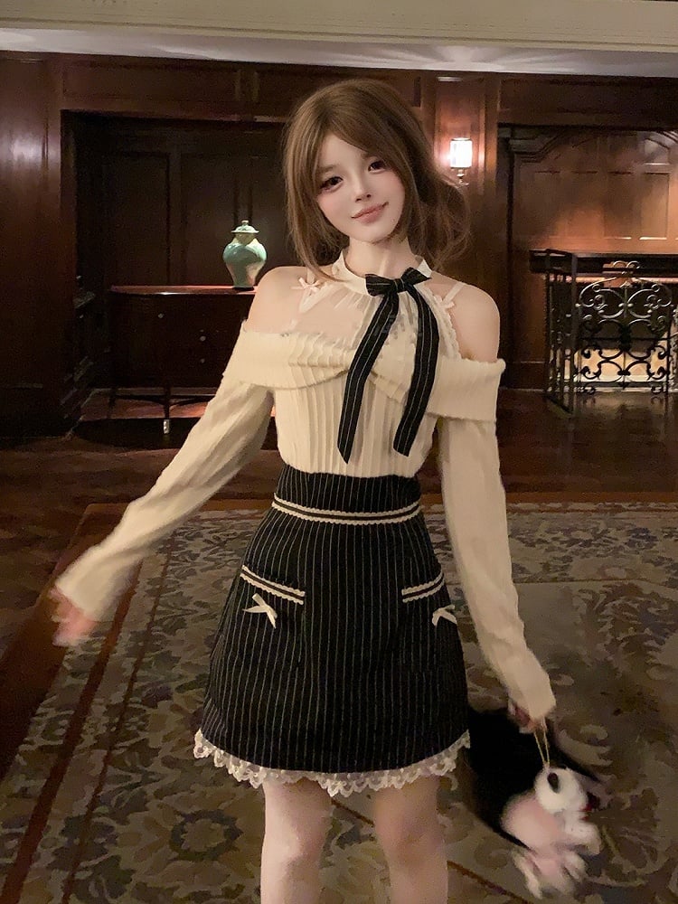 Clean Kei Dress in Halter White Innocent Jirai Stripes Black