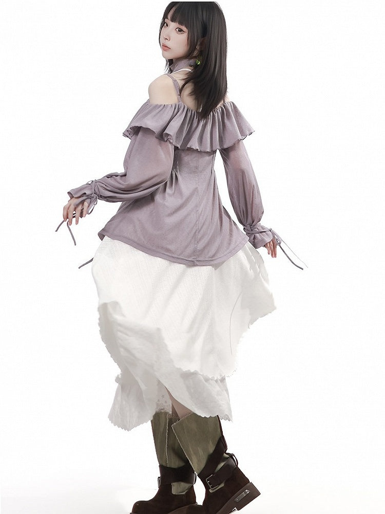 Ruffled Off-Shoulder Knit Top with Neck Scarf in Purple - PINK SAVIOR