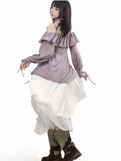 Ruffled Off-Shoulder Knit Top with Neck Scarf in Purple - PINK SAVIOR