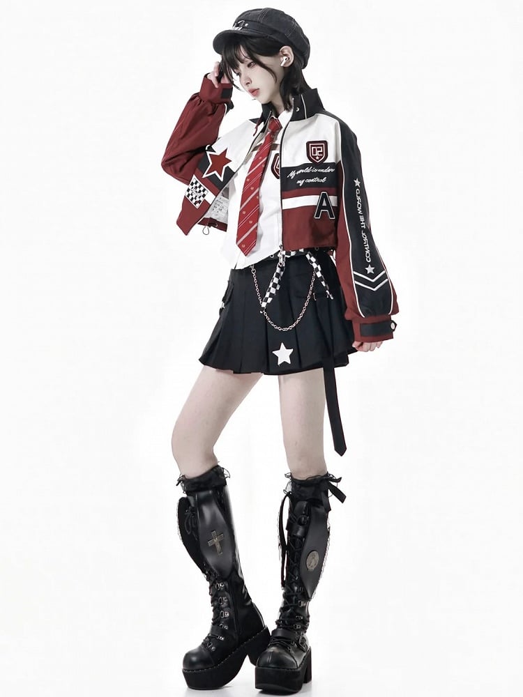 Red Cropped Embroidered Zipper Applique Jacket Moto-Inspired Accents with White