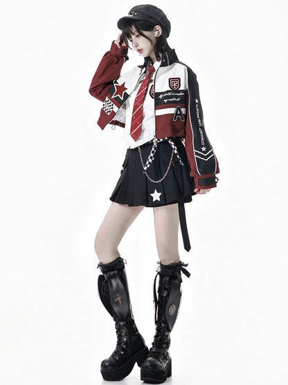 Red Cropped Embroidered Zipper Applique Jacket Moto-Inspired Accents with White