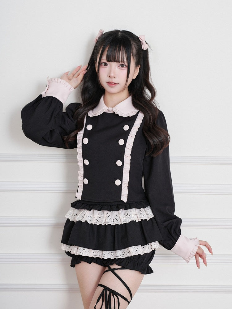 Black & Pink Jirai-Kei Peter Pan Collar Long-Sleeve Top, Double-Breasted & Ruffled - No Genki