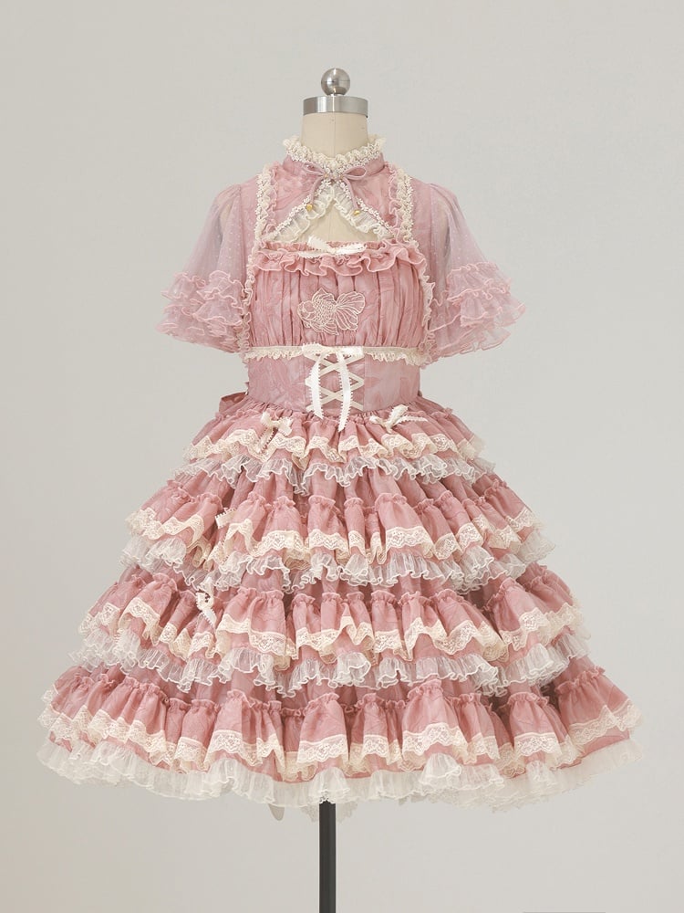 Süßes Lolita-Kleid mit Rüschenstickerei und rosa Spitze und Goldfischdetails