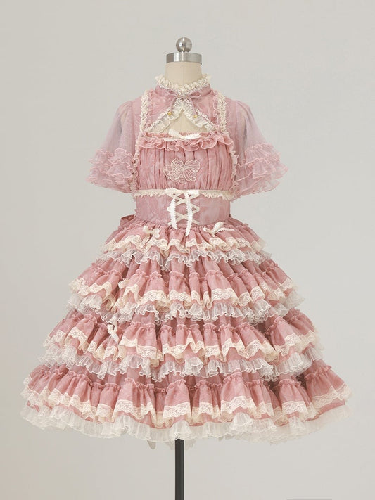 Süßes Lolita-Kleid mit Rüschenstickerei und rosa Spitze und Goldfischdetails