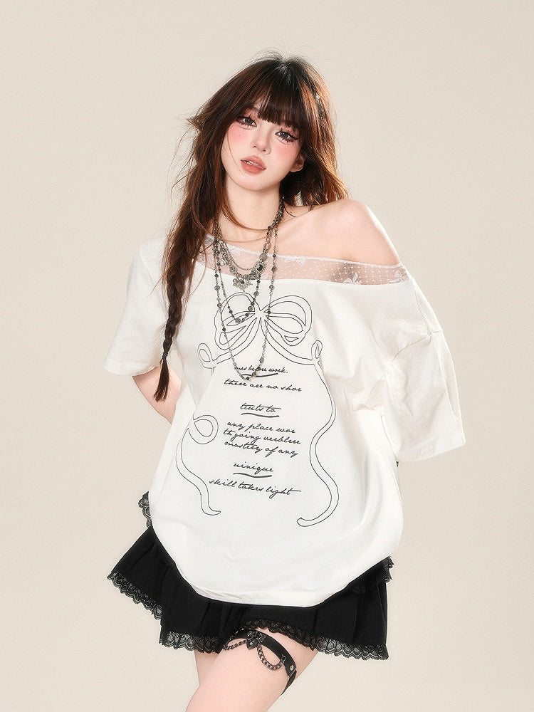 Bow Print Loose White Asymmetrical Neckline Lace T-Shirt Patches Neckline