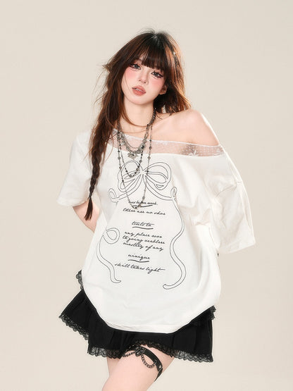 Bow Print Loose White Asymmetrical Neckline Lace T-Shirt Patches Neckline
