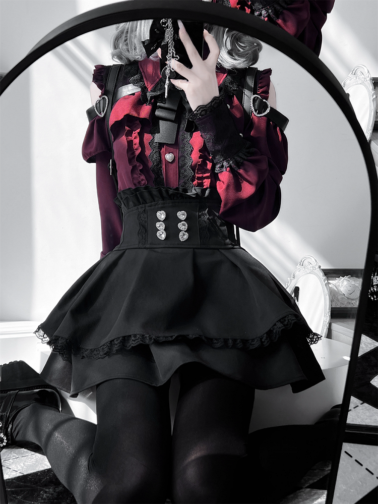 Jirai Button Blouse: Red Sweetheart Closure Wine Kei