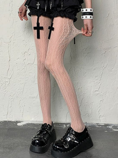 パンクライトウェイストランドタイツ 中空デザイン ピンクストライプ Y2K