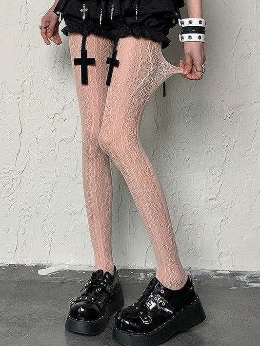 パンクライトウェイストランドタイツ 中空デザイン ピンクストライプ Y2K