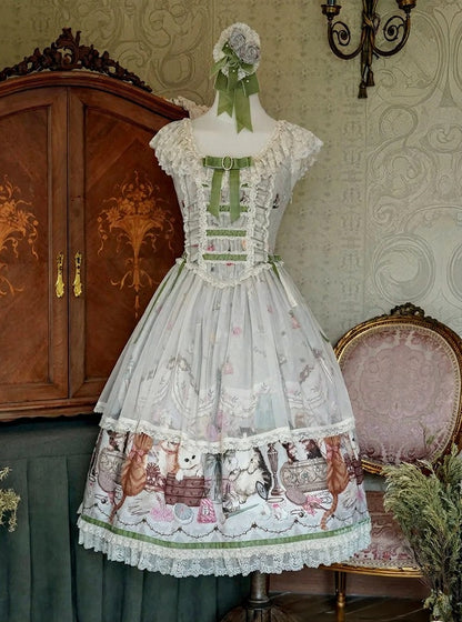 Green Cat Print Lace Ruffles Sweet Lolita JSK Dress with Drawstring Overlay - NyaNya