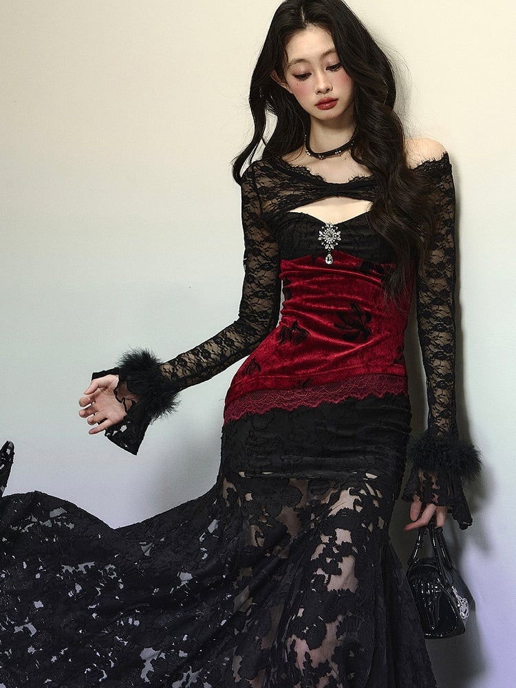 Black Asymmetrical Neckline Red Velvet Patchwork Semi-sheer Mermaid Skirt Dress Evening Gown