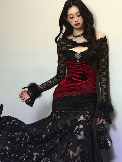 Black Asymmetrical Neckline Red Velvet Patchwork Semi-sheer Mermaid Skirt Dress Evening Gown