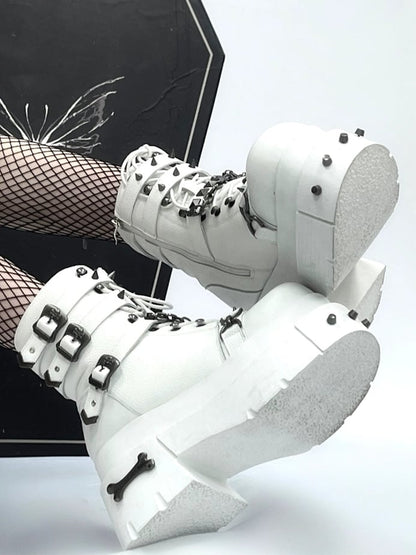 Straps with Studded Buckle White Details Platform Punk Boots