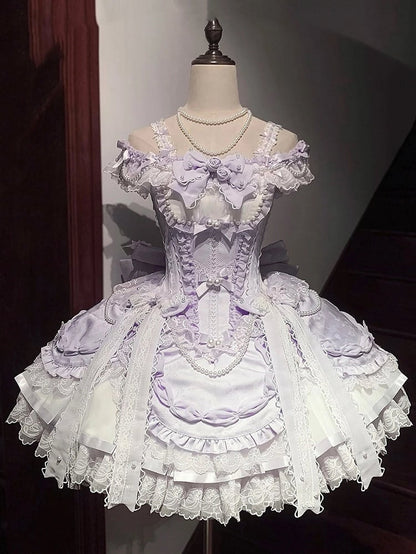 Dress Purple with Off-the-shoulder Balletcore Lolita Neckline Waist Corset Straps