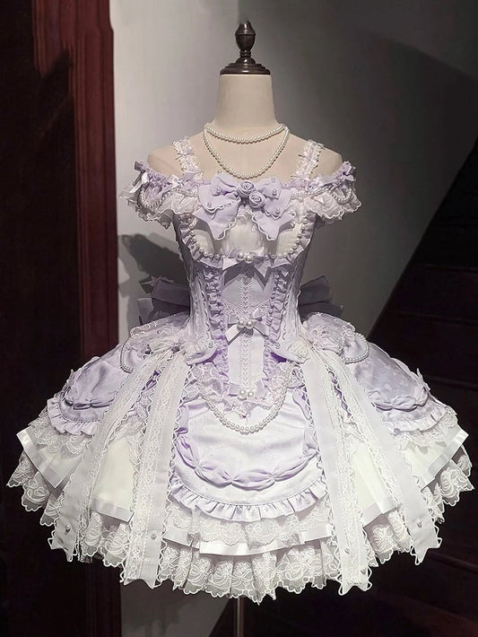 Dress Purple with Off-the-shoulder Balletcore Lolita Neckline Waist Corset Straps