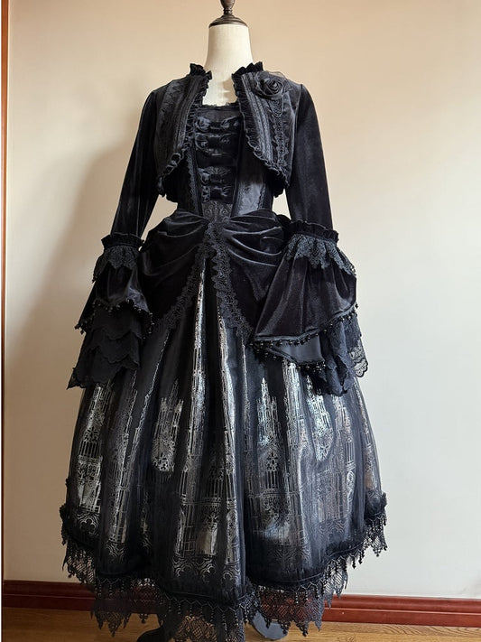 Top Placket Cropped Velvet Black Lolita Ruffled Ouji Gothic