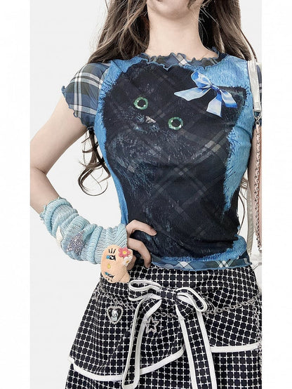 Plaid und Muster Bittersüß gerollt Druck Buchstabe Katze Y2K blau