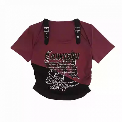 バタフライプリントTシャツ ショートカラーブロック カットアウトショルダーバージョン レッド/ピンク/パープル Y2K