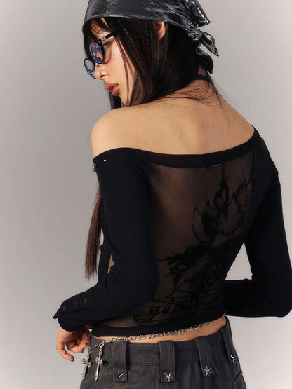 Haut floral asymétrique transparent à clous noirs, épaules dénudées style punk