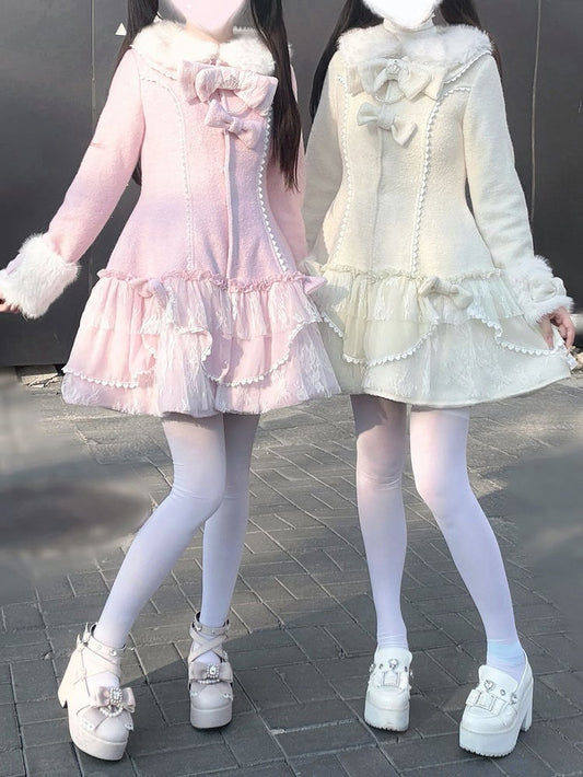 Jirai Kei Pink / Beige Mid-Length Padded Coat with Plush Accents and Sweet Lace Trim