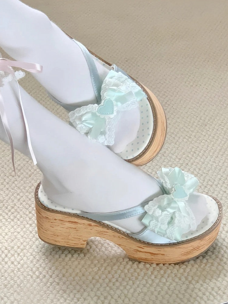Lolita - Top Bow Slippers Satin Sole Mint Grain Wa at Platform Wood