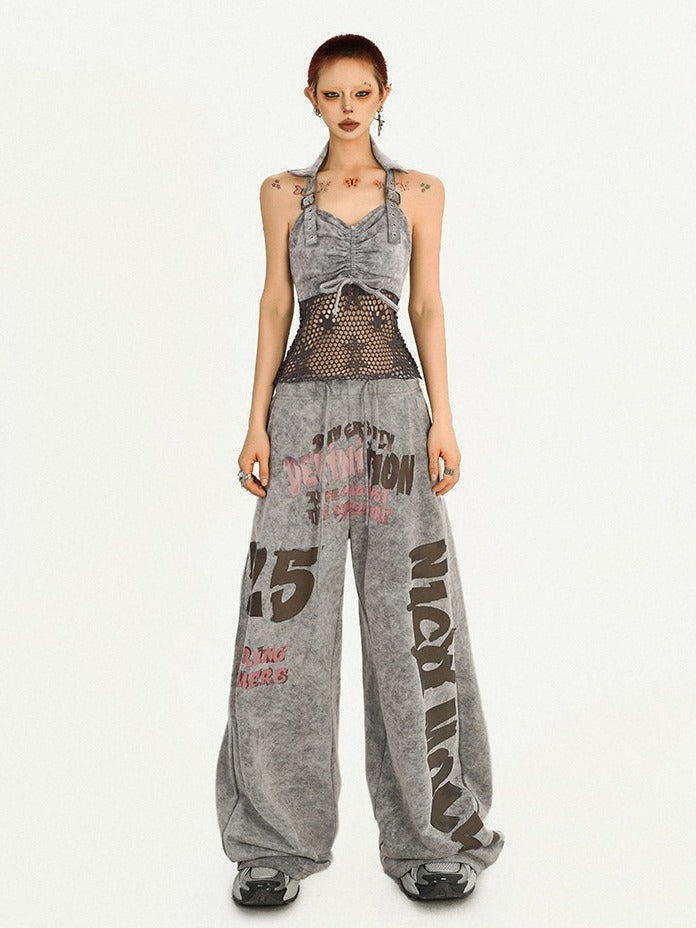 Casual Gray Vintage Wide Leg Trousers with Letter Print Pattern