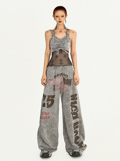 Casual Gray Vintage Wide Leg Trousers with Letter Print Pattern
