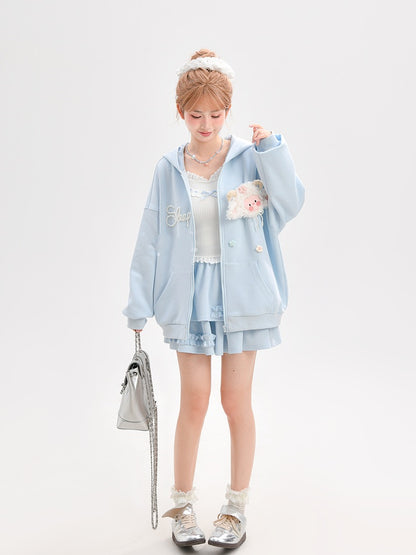Yume Kawaii Blue Plush Lamb Knitted Floral Zip Closure Hoodie