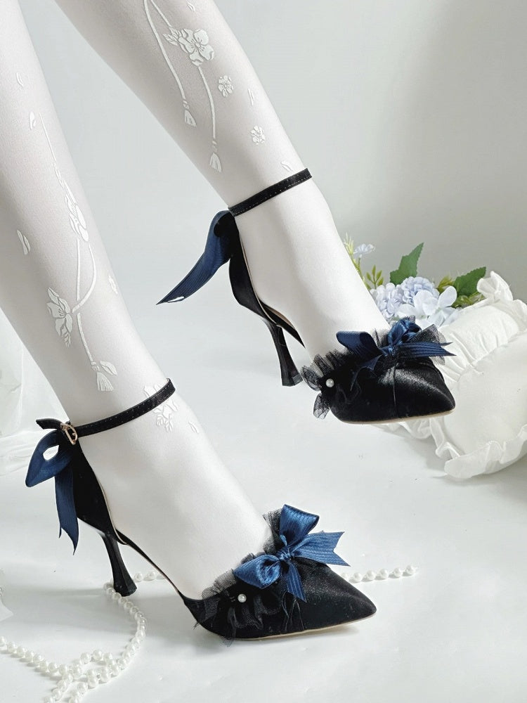 Dark Blue Pointed Toe Lolita Shoes with Butterfly Bow Lace Heel - A Sky Rabbit