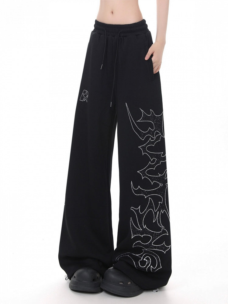 Black Wide Leg Sweatpants with Rhinestones - KNOW8 Online Shop