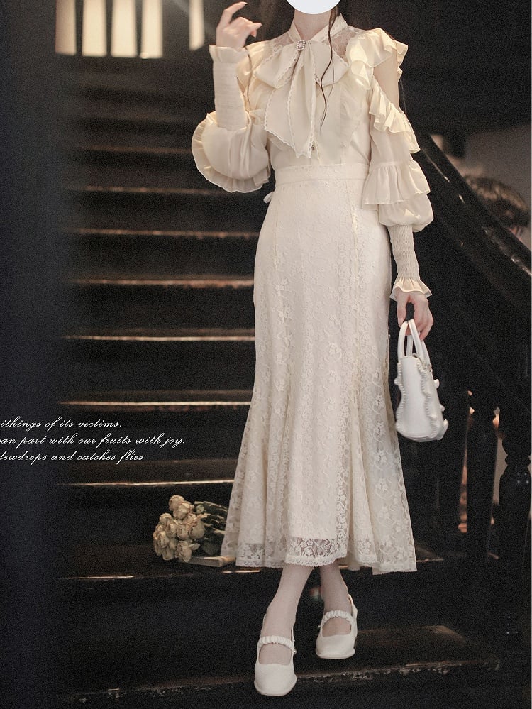 Blouse Jirai Beige Elegance: - Aesthetic Innocent Cutout Clean Kei Flounce Shoulders Chiffon with