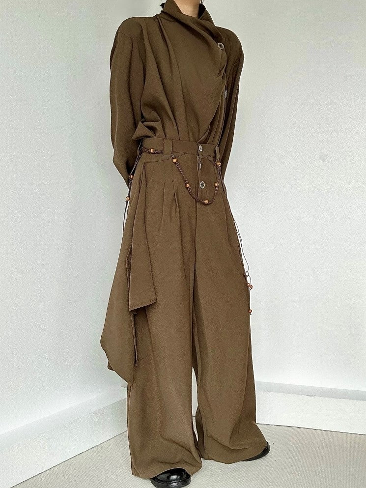 High-Waisted Three-Button Pants Ouji Cut Fly Lolita Wide-Leg Panel Draped Coffee with