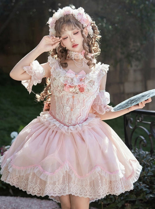 + Choker Top Bow Sleeves Lace Skirt Full Pink KC Lolita Set Detachable and Decorated Corset Sweet