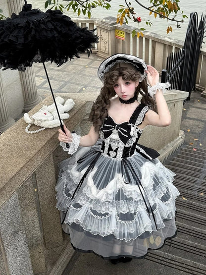 Decorated Lolita JSK with Bow Train and Overlay - Ling Yue You Xin