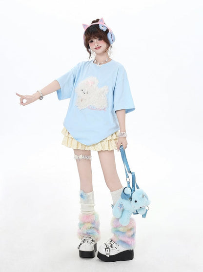 Black/Light Blue/Light Gray Plush Puppy Applique Loose T-Shirt