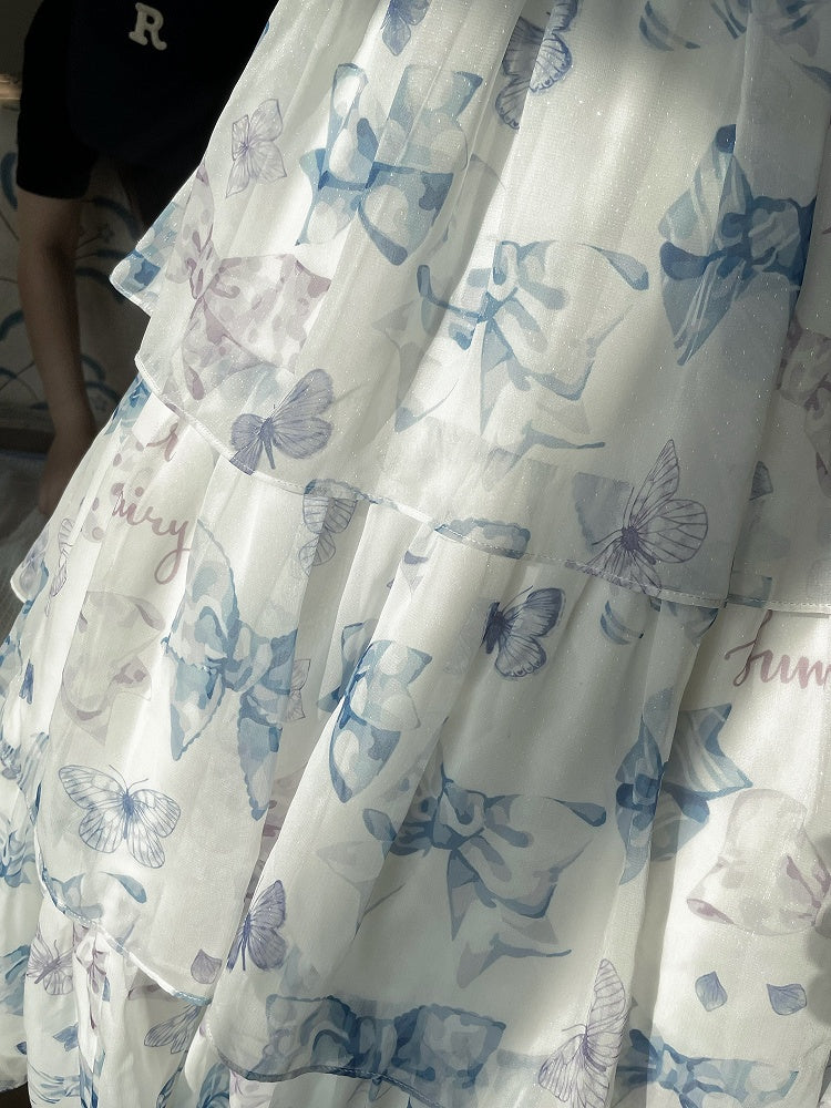 ブルーのハイウエストリボンプリントティアードスカート サマーロリータドレス