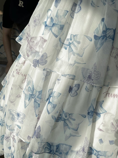 ブルーのハイウエストリボンプリントティアードスカート サマーロリータドレス